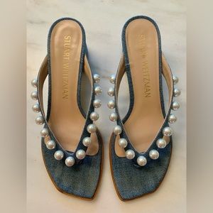 Stuart Weitzman Blue Denim Goldie Heeled Slip-on Thong Sandals